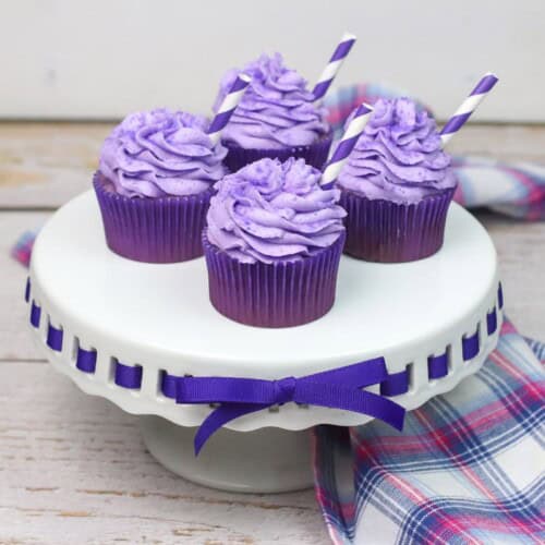A tray of grape soda cupcakes.