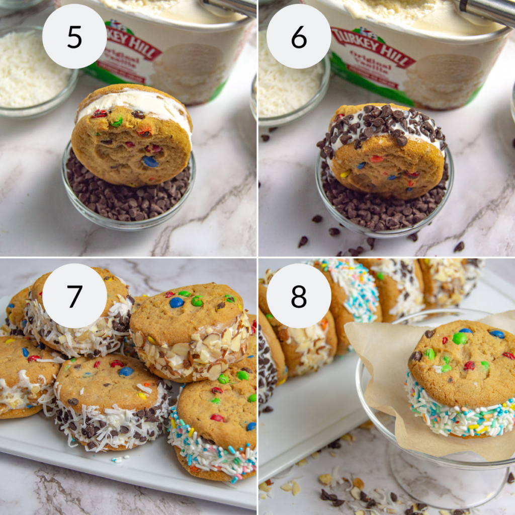 a collage of 4 images showing  how to make an ice cream sandwich