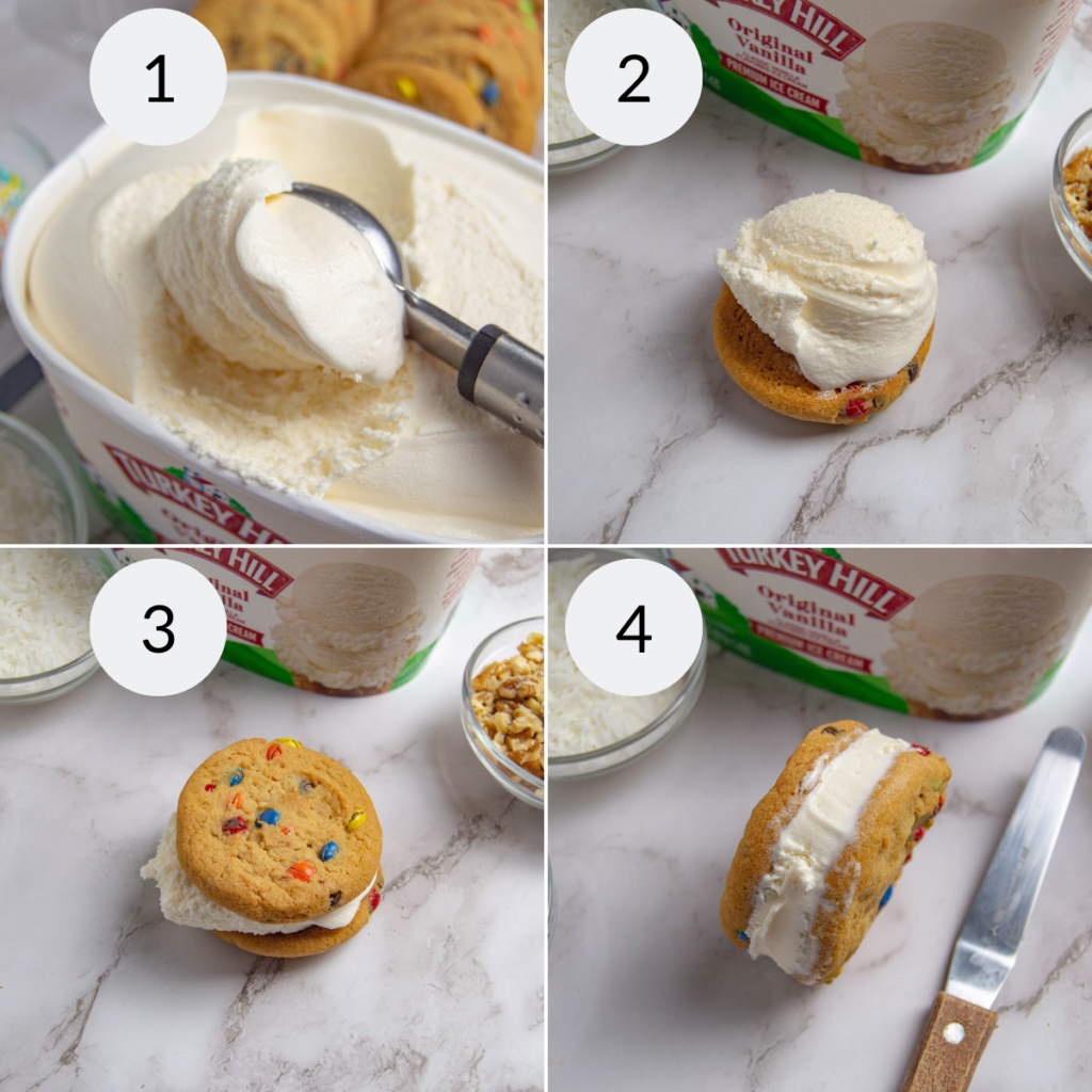 a collage of 4 images showing the process needed to make the recipe for ice cream sandwiches