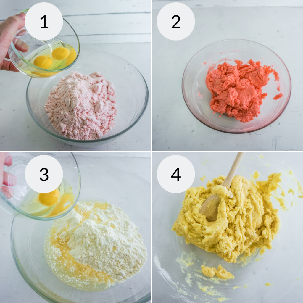 a collage of 4 images showing the steps needed to make the batter for cake mix crinkle cookies.