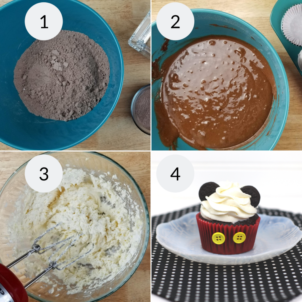 a collage of 4 images showing the steps needed to make Mickey Mouse Cup Cakes