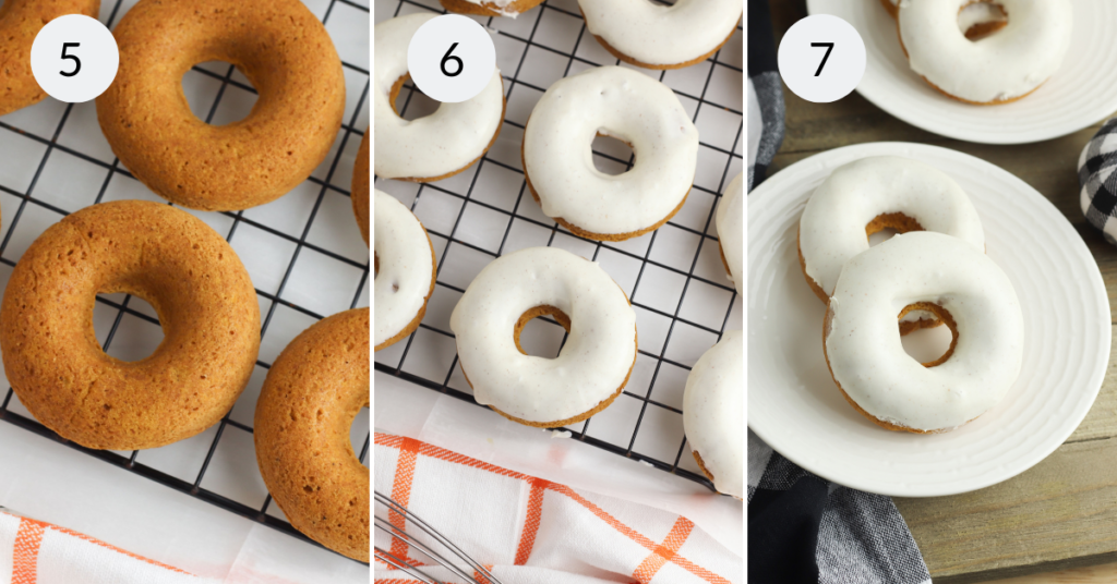 a collage of 3 images showing how to frost the pumpkin baked donuts