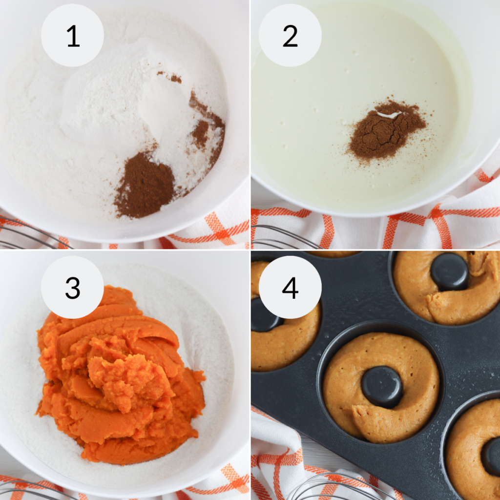 a collage of 4 images showing the steps needed to make the pumpkin donuts recipe