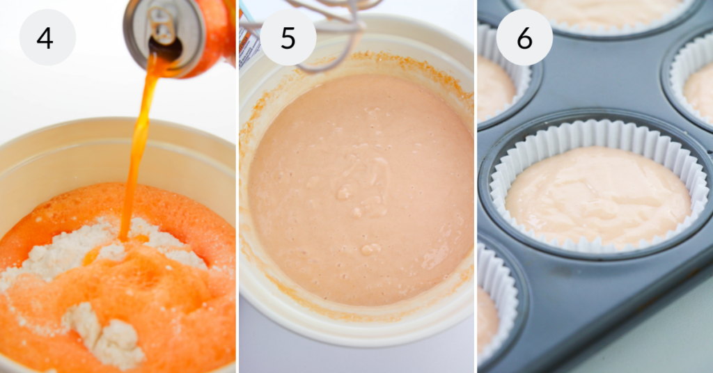 a collage of 3 images showing how to make the batter and fill the cupcake liners for making summer cupcakes