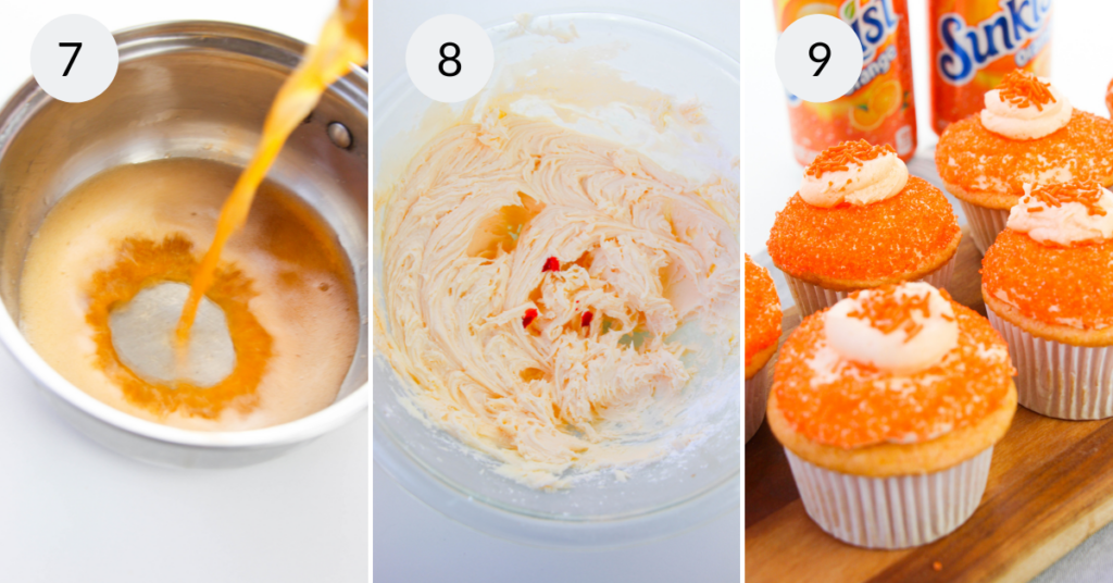 a collage of 3 images showing how to make the frosting and how to decorate orange creamsicle cupcakes