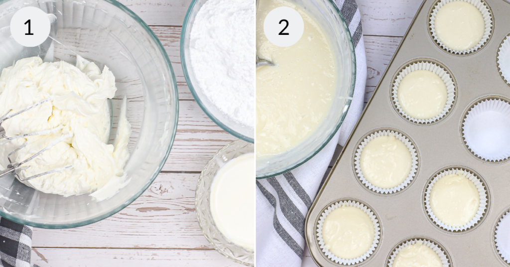 a collage of 2 images showing the steps needed to make the batter for the wedding cupcakes recipe.