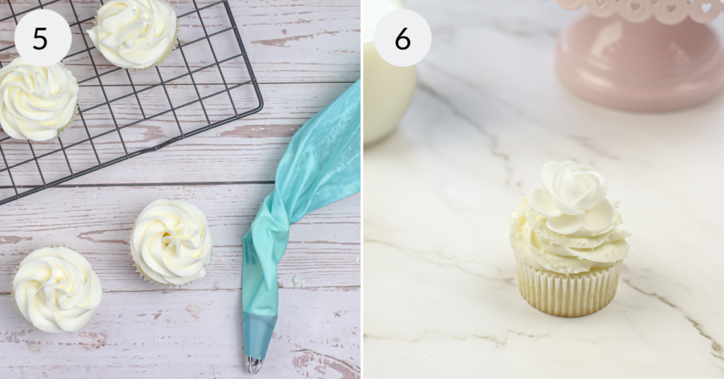 a collage of 2 images showing the steps needed to frost and decorate the wedding cupcakes recipe.