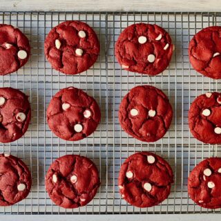 Rows of red velvet cake mix cookies with white chocolate chips