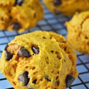 pumpkin cake mix cookie with chocolate chips inside