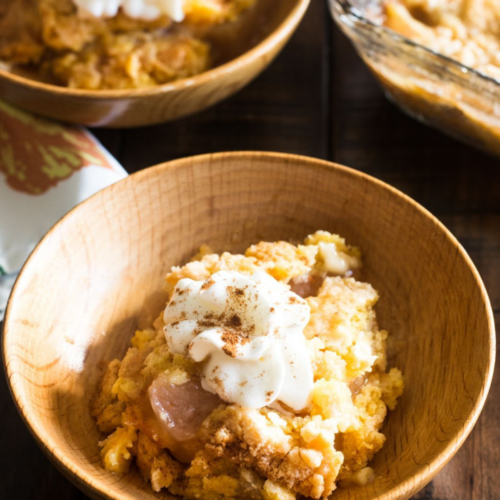 apple spice dump cake in brown bowls