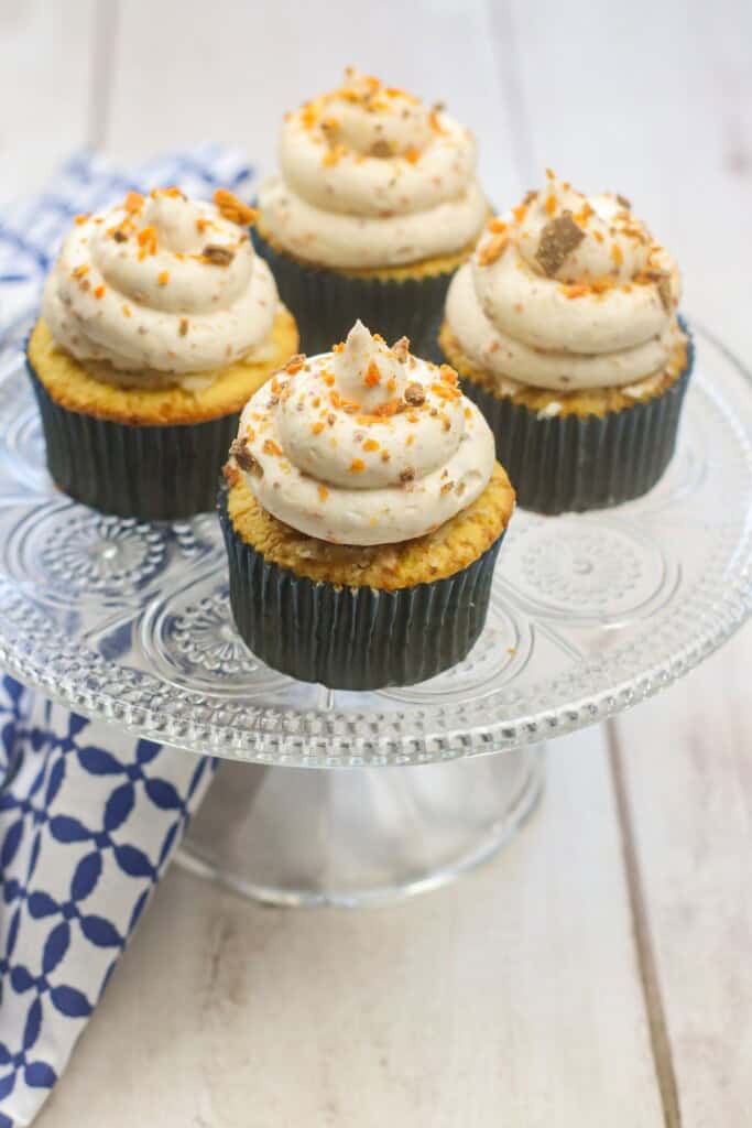 A tray of finished butterfinger cupcakes.