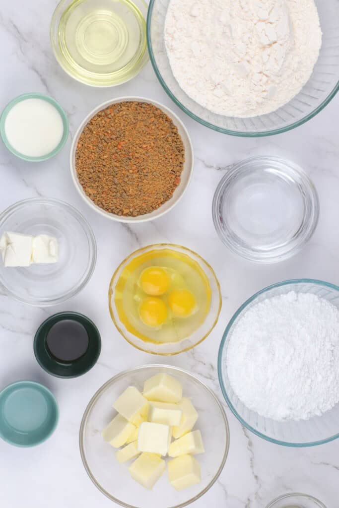 Cake mix, eggs, candy and ingredients to make the cupcakes and frosting.