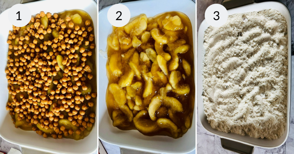 a collage of 3 images showing the steps needed to make apple cake with caramel