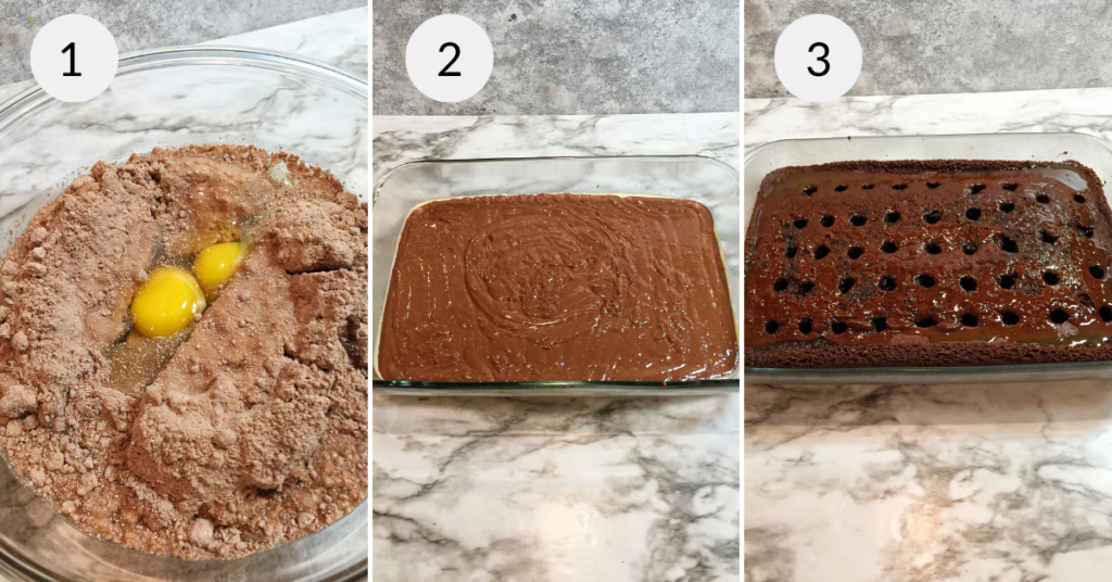 a collage of 3 images showing the steps needed to make the recipe for chocolate poke cake.