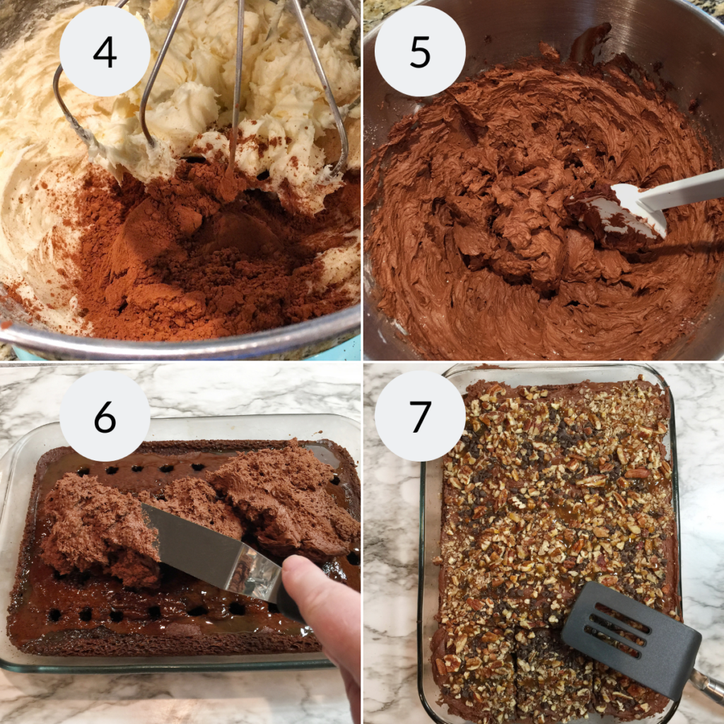 a collage of 4 images showing how to make the frosting and top the turtle cake recipe.