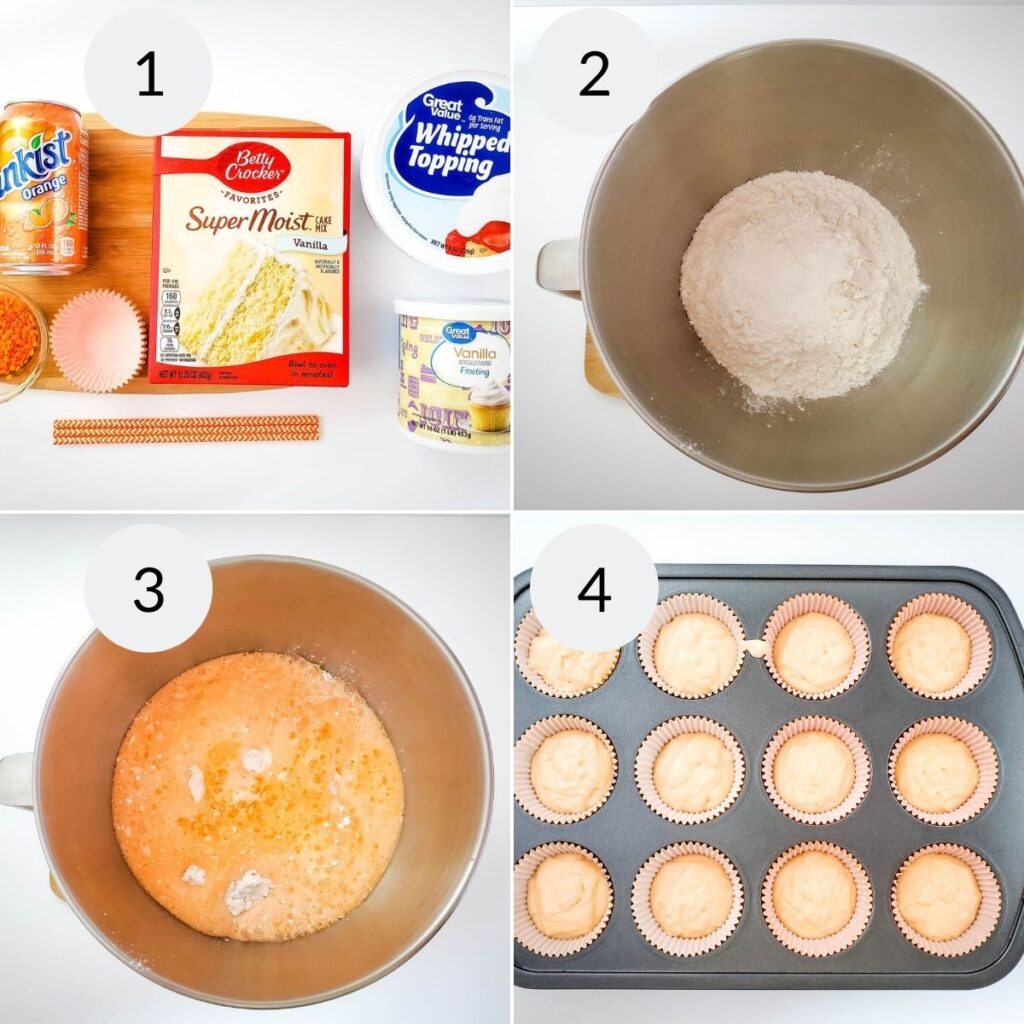 a collage of 4 images showing how to make the batter for orange creamsicle cupcakes