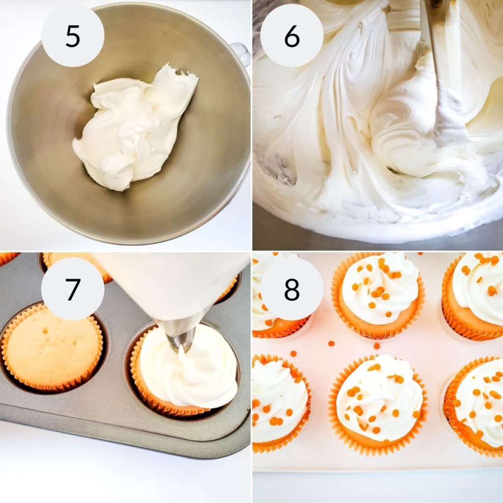 a collage of 4 images showing how to make the frosting for creamsicle orange cupcakes
