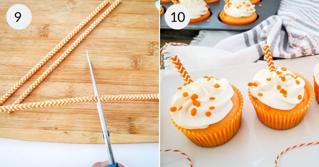 a collage of 2 images showing how to use a straw to decorate summer cupcakes