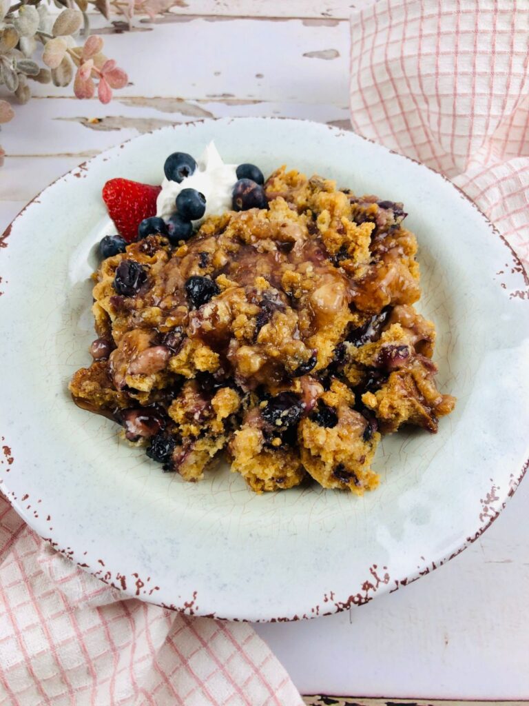 Mixed Berry Cobbler with Cake Mix on a plate.