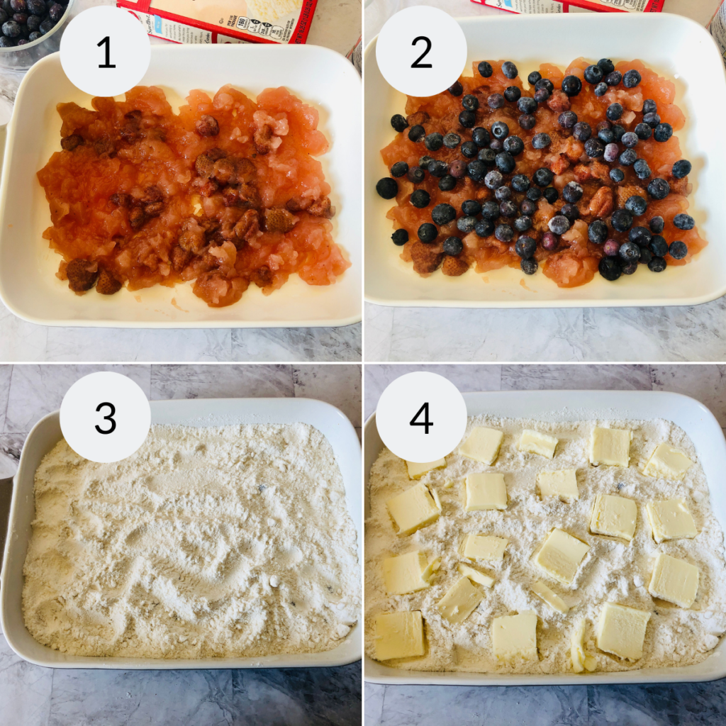 a collage of 4 images showing the steps needed to make blueberry dump cake recipes.