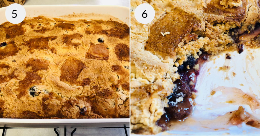a collage of 2 images showing the cake mix cobbler.