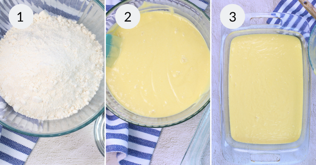 a collage of 3 images showing the steps needed to make the batter for the twix recipe