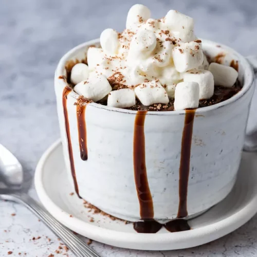 a big cup of hot chocolate mug cake with a mound of mini marshmallows on top and chocolate drizzle running down the side of the mug.