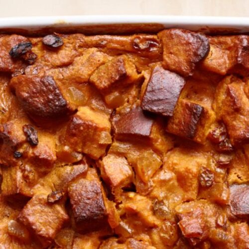 Fluffy pumpkin and gingerbread bread pudding