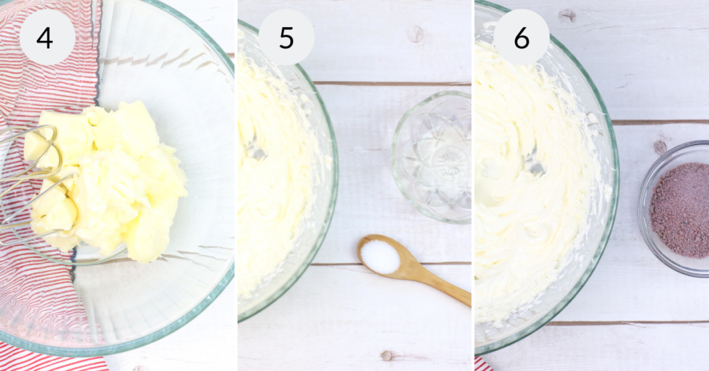 a collage of 3 images showing the steps needed to make the black cherry cake frosting