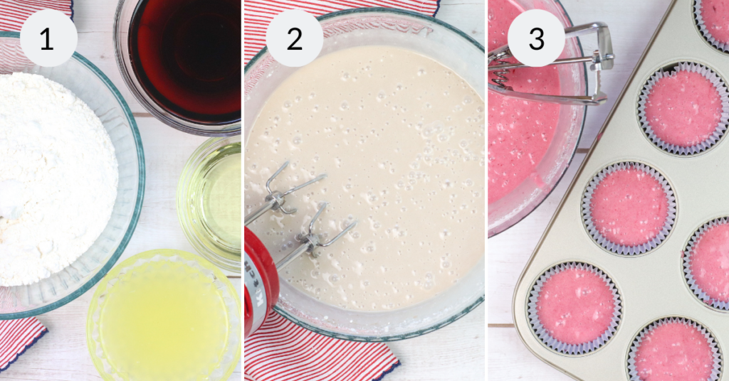 a collage of 3 images showing the steps needed to make black cherry cakes