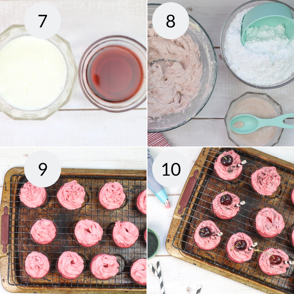 a collage of 4 images showing the steps needed to make the frosting and to decorate cherry cupcakes
