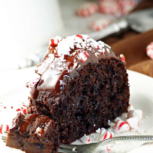 Chocolate bundt cake with glossy ganache and crushed peppermint