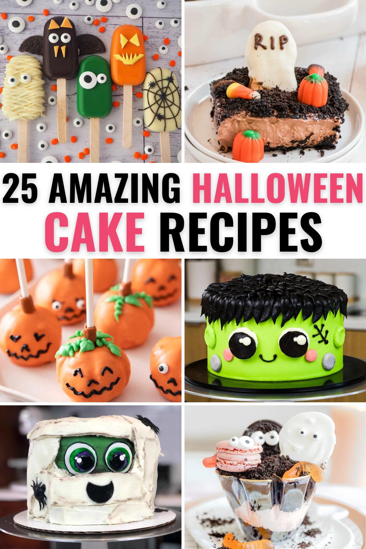 Collection of various Halloween cakes, cake pops, and dirt cake