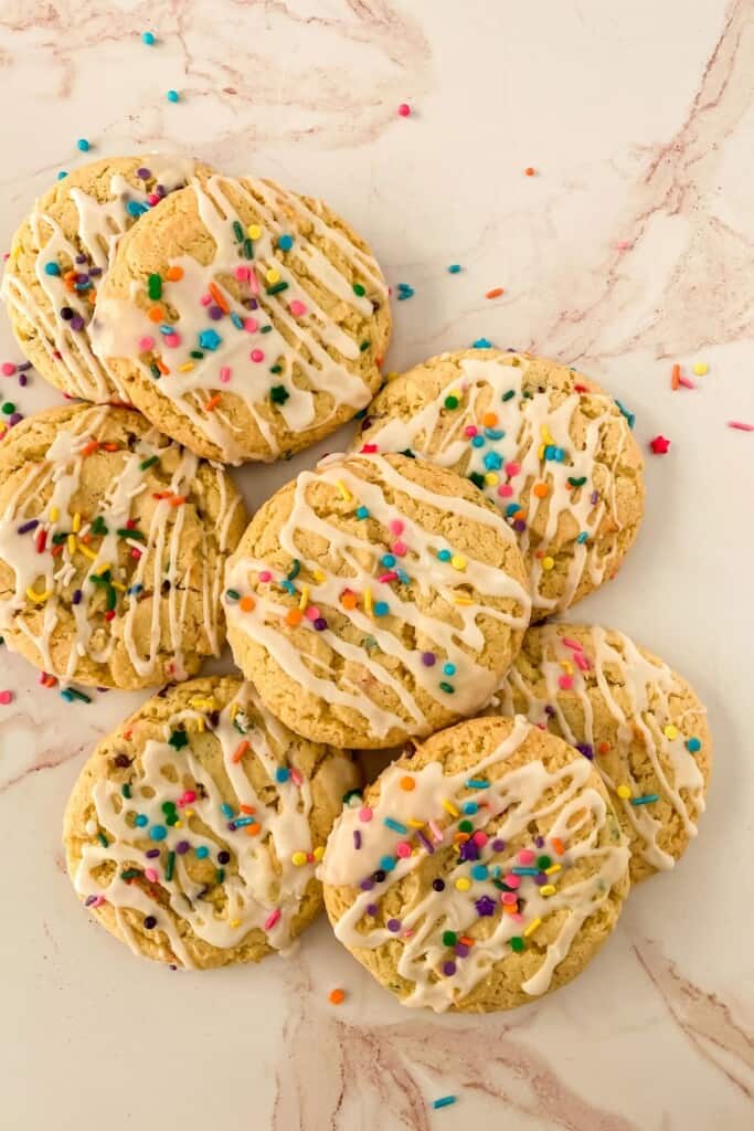 A platter of funfetti cookies with icing.