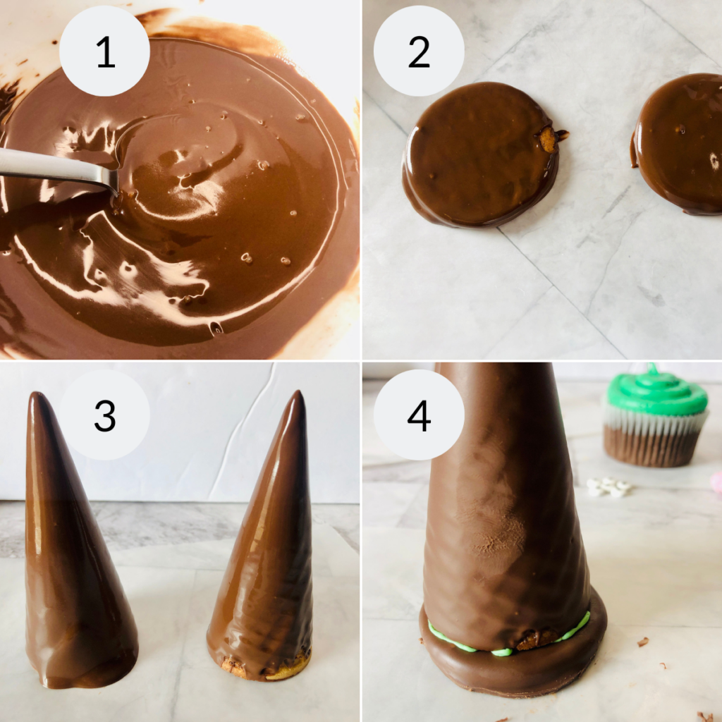 a collage of 4 images showing the steps needed to make the hats for witch cupcakes.