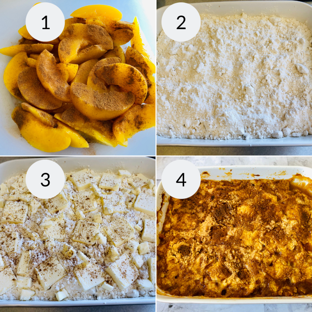 a collage of 4 images showing the steps needed to make cake mix cobbler