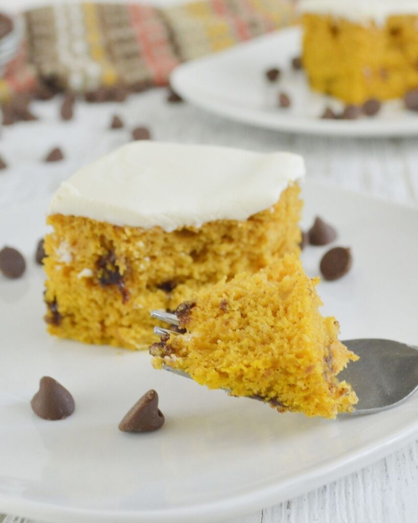 a piece of chocolate chip pumpkin cake on a fork next to the rest of the piece of cake on the plate surrounded by chocolate chips with another piece of cake in the background