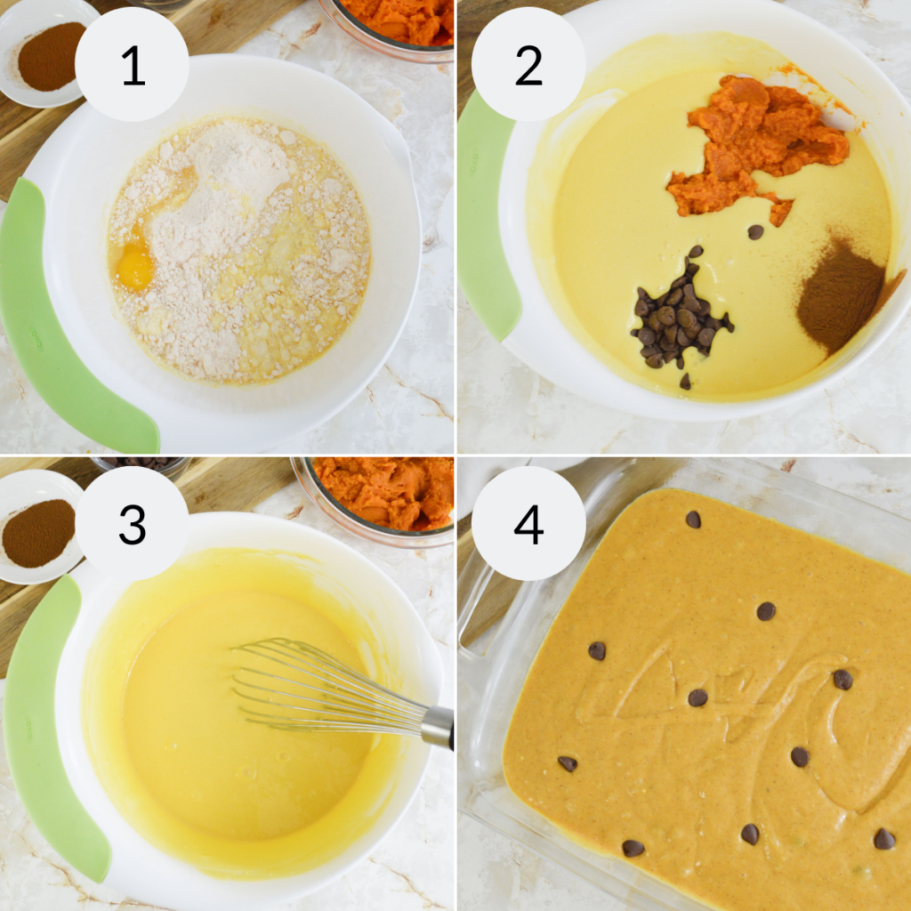 a collage of 4 images showing the steps needed to make chocolate chip pumpkin cake 