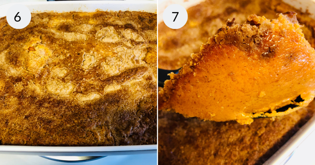 a collage of 2 images showing the baked pumpkin spice mix cake
