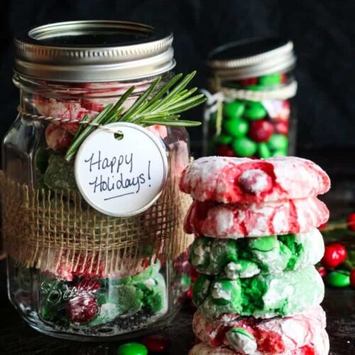 Festive red and green crinkle cookies with M&Ms
