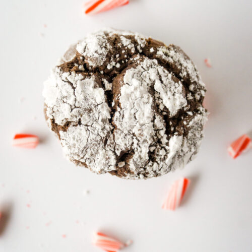 Chocolate crinkle cookie with chunks of peppermint