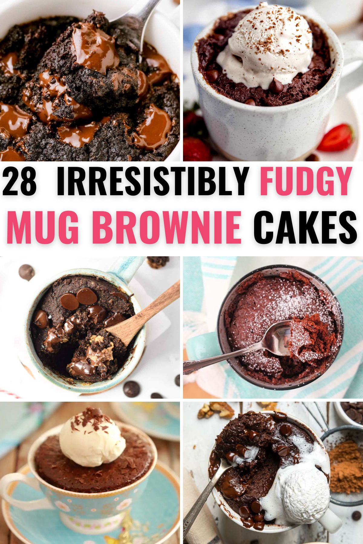 Collection of brownie mug cakes with ice cream, chocolate chips, and powdered sugar.