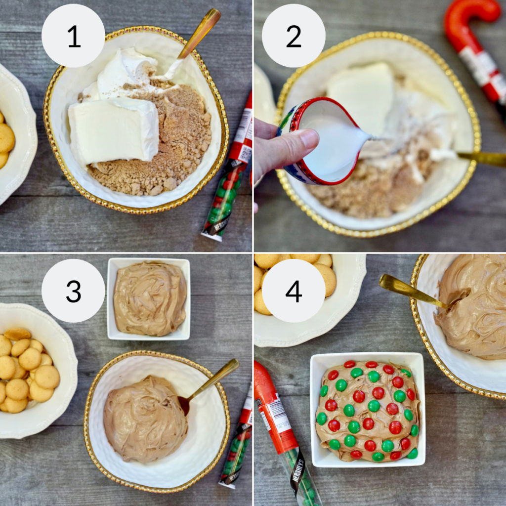 a collage of 4 images showing how to make brownie dip