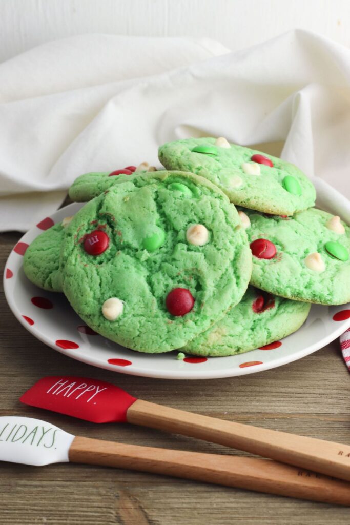 cake mix christmas cookies on a red and white polka dot plate.