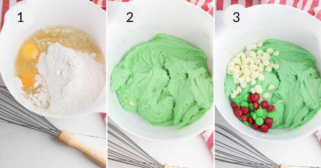 a collage of 3 images showing how to make the batter for christmas cake mix cookies.