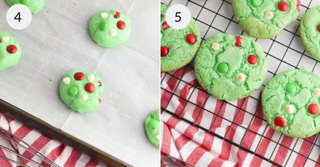a collage of 2 images showing how to cook and cool the christmas cookies with cake mix.