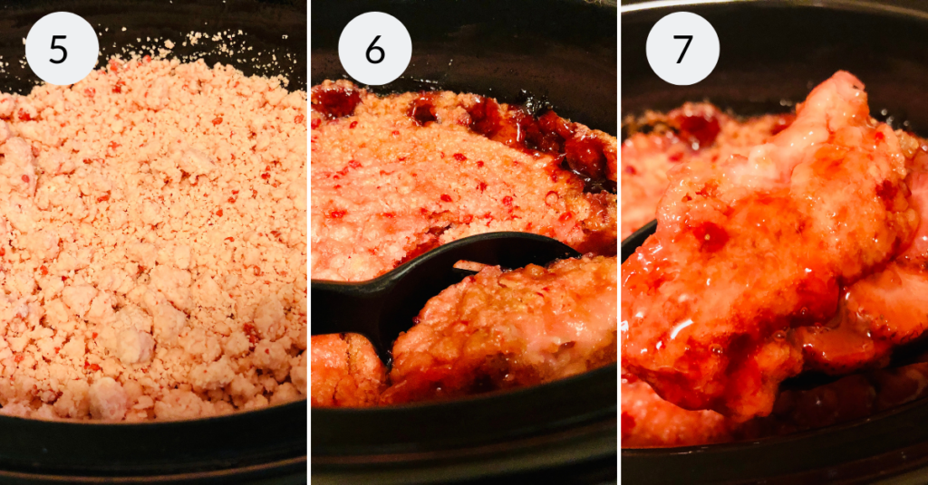 a collage of 3 images showing how to cook the recipe for strawberry cake using cake mix