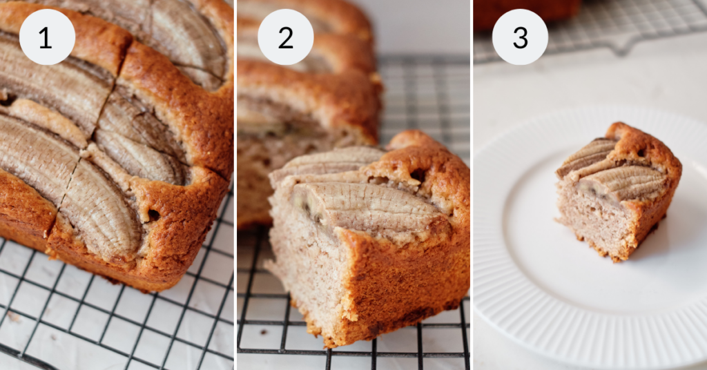 a collage of 3 images of the banana bread made with cake mix.