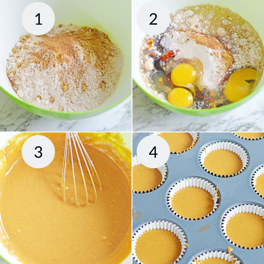 4 images showing the steps needed to make the batter for the gingerbread cupcakes recipe.