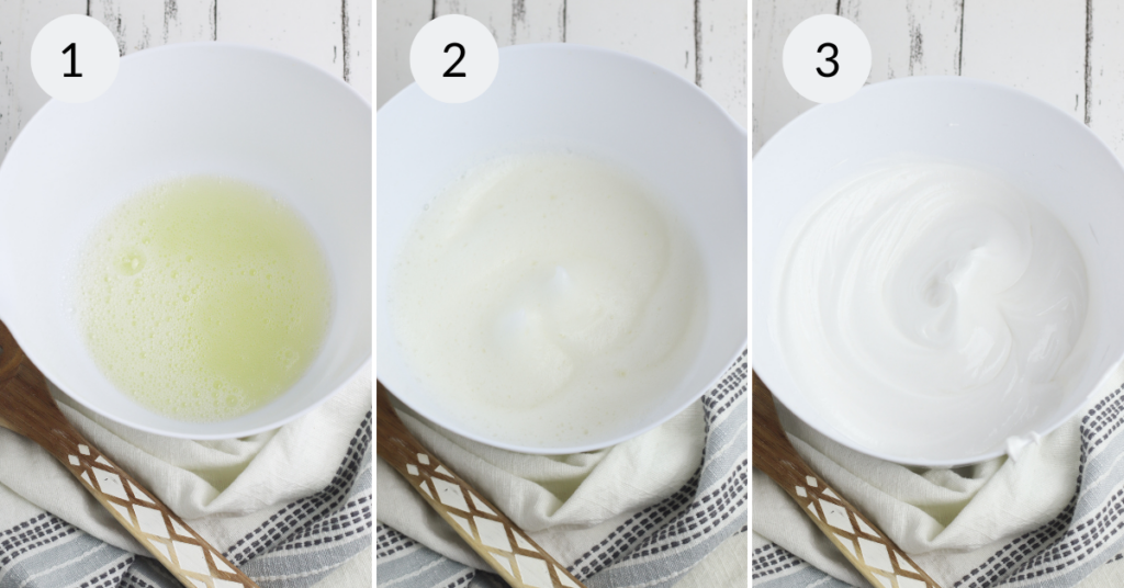 a collage of 3 images showing how to make the batter for the meringue cookies.